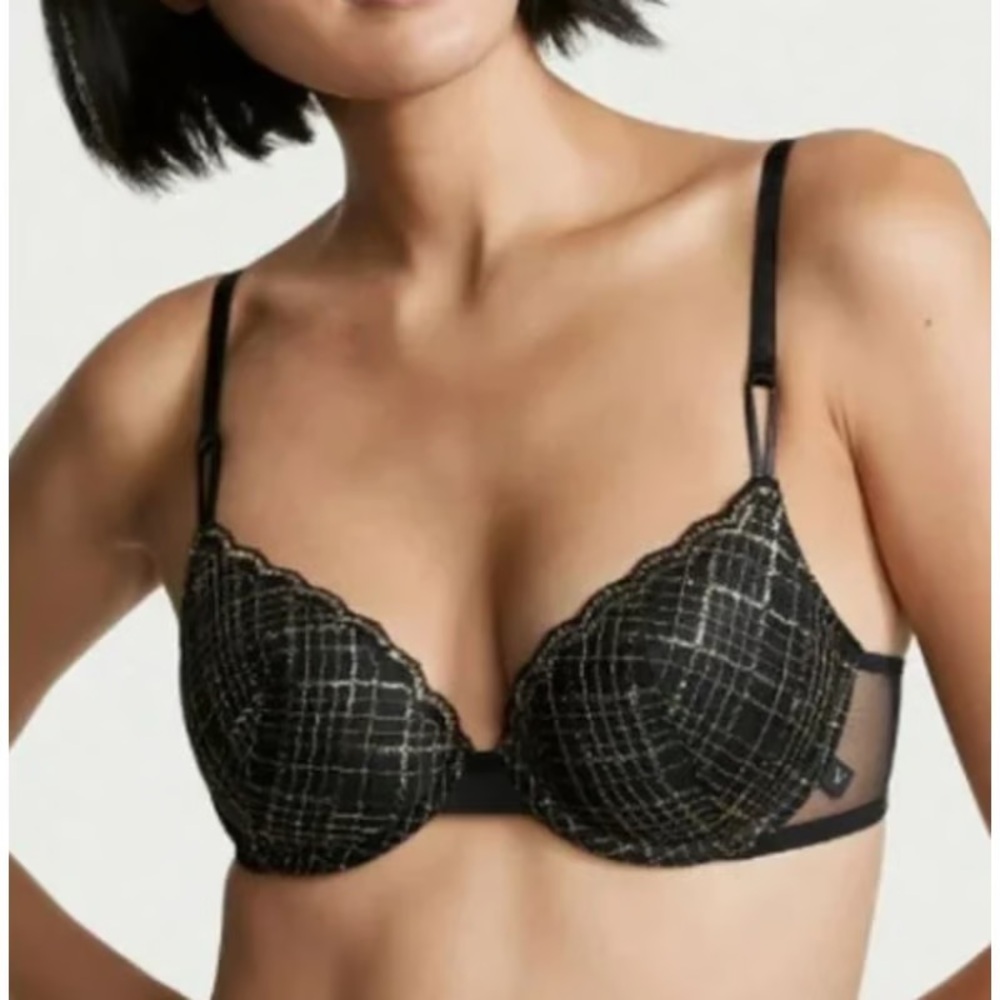 Victorias Secret Lurex Gold Black Plaid Bra 38B